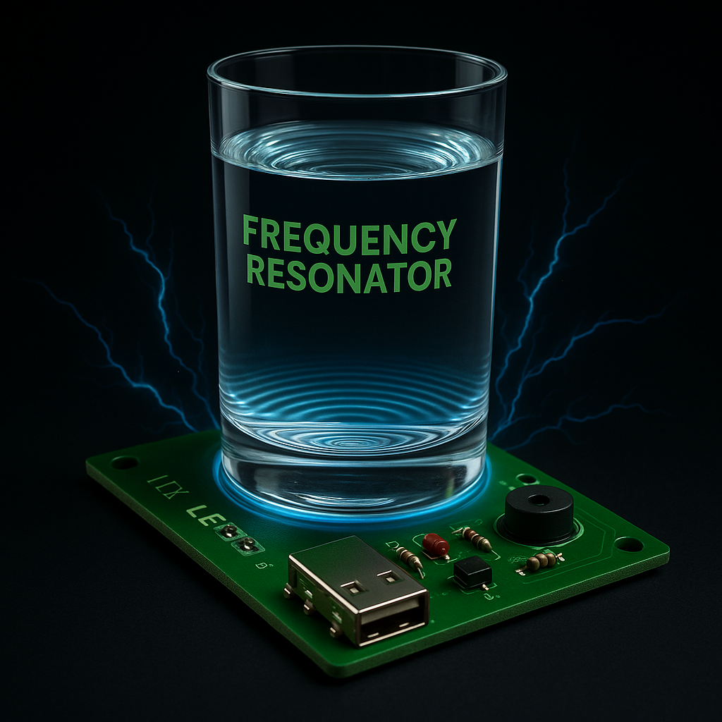 HarmonyWave Schumann resonance generator on a calm wood surface
